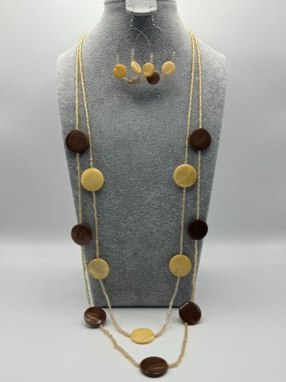 Long Beaded Disc Necklace Earrings Set Multi Strand Cream Brown